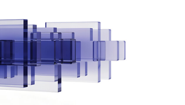 Transparent blue rectangular prisms layered and overlapping, creating a futuristic, abstract 3D geometric composition on a white background.
