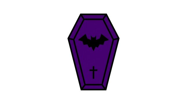 A stylized purple coffin with a black bat silhouette and a small cross, set against a plain white background, evoking a gothic or Halloween theme.