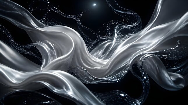 Beautiful flowing silver satin fabric and wavy glossy abstract background on a dark background
