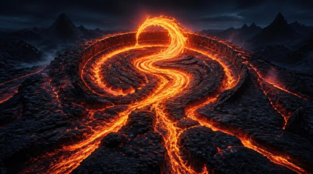 Fiery lava river flowing through dark volcanic stone labyrinth maze formation