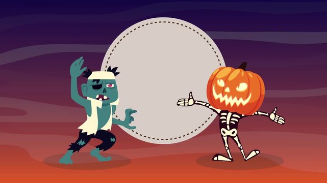 Animated Halloween characters zombie and skeleton pumpkin dance on spooky background with moon.