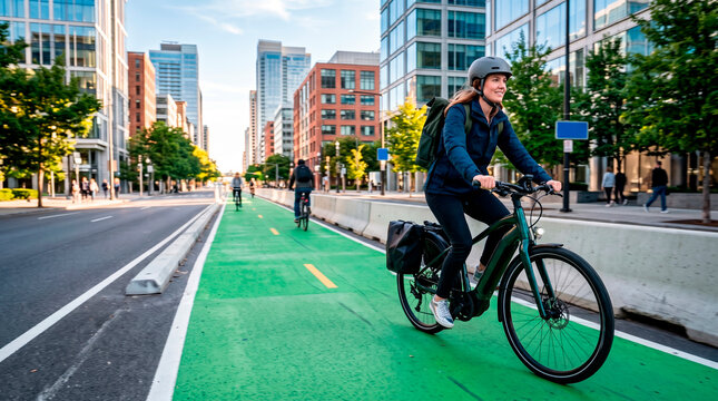 A woman rides a bicycle on a dedicated green bike lane in a modern city.