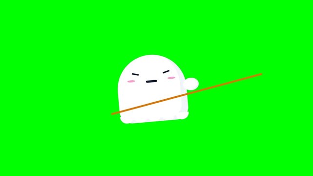 Cute Animated White Blob Character Fishing on Green Screen Background.