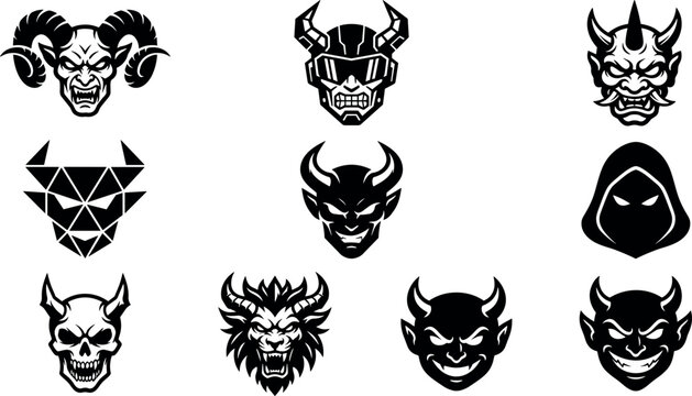 Scary Demon and Devil Head Mascot Icon Set with Horned Monsters Skulls and Evil Creatures for Gaming Logos and Esport Badges Vector Illustration