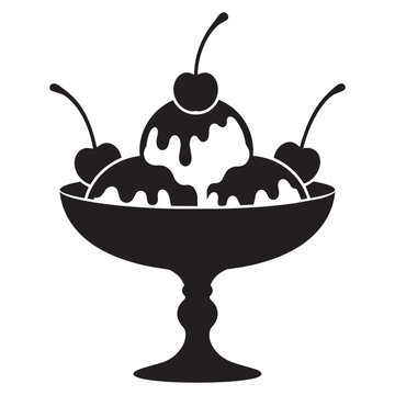 Black silhouette vector illustration of ice cream sundae in a bowl with cherries