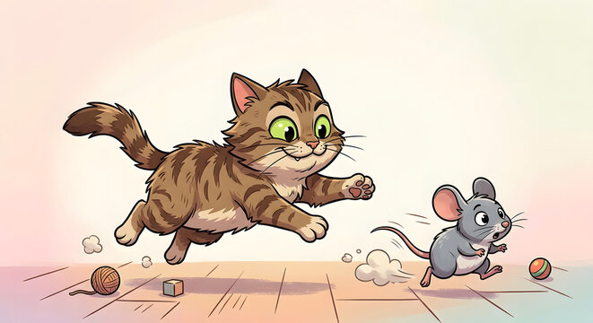 Funny Cartoon Cat Chasing Mouse