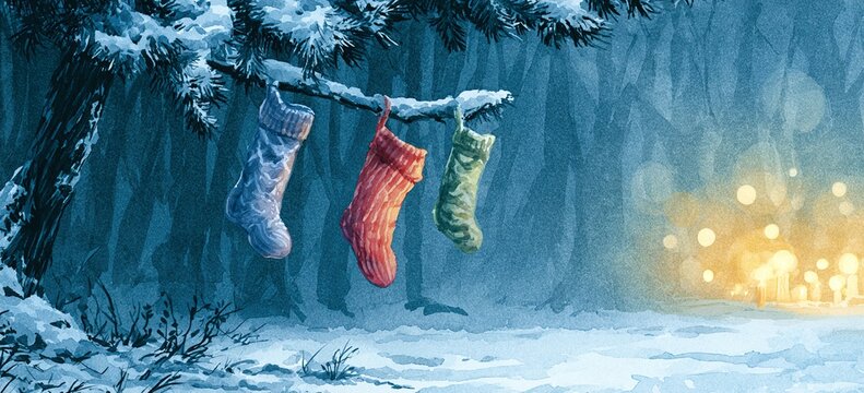 Dark forest pine branch heavy with snow, festive stockings hanging, warm candlelight bokeh beyond, clean snowy backdrop for message