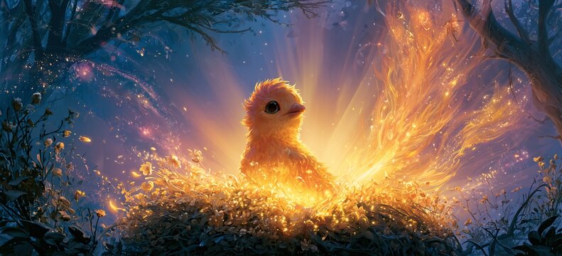 Glowing baby phoenix rising from nest of golden wildflowers, twilight sky hues and majestic sun rays through ethereal forest canopy, sparkling dust
