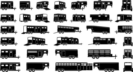 Obraz premium Horse Trailer Silhouette Icon Set – Equestrian Transport Vector Bundle. Black flat clipart for towing and RV companies, editable scalable icons, commercial stock use.