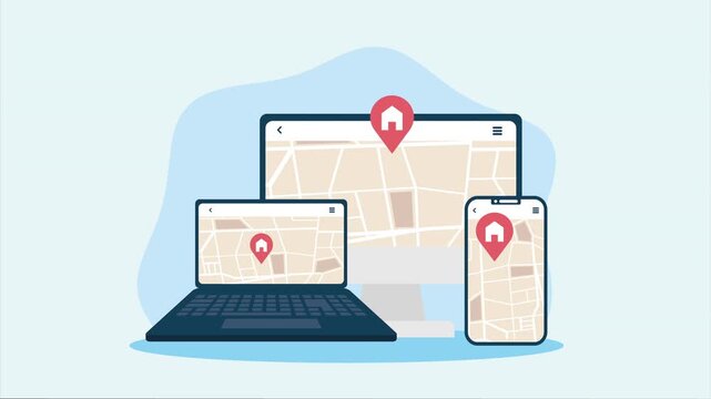 Motion graphic of responsive design showing map location across multiple devices.