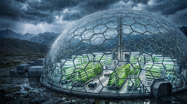 Futuristic geodesic dome greenhouse with vertical farming technology in a harsh, stormy mountain landscape, showcasing sustainable agriculture and advanced automated food production systems