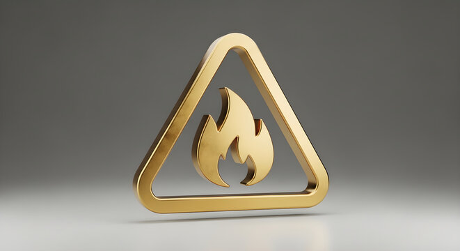Golden 3D Flame Hazard Warning Sign Icon Representing Fire Safety and Caution