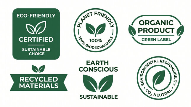 Set of green ecofriendly, organic, sustainable, and recycled product labels and badges isolated on white background
