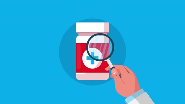 Medical research animation with magnifying glass examining medicine bottle over blue background.