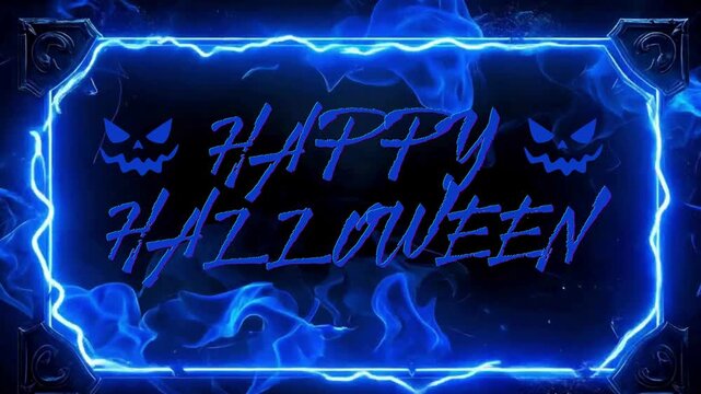 Glowing blue Halloween greeting framed by electric lightning, smoky effects, and spooky pumpkin faces on a dark festive background. video
