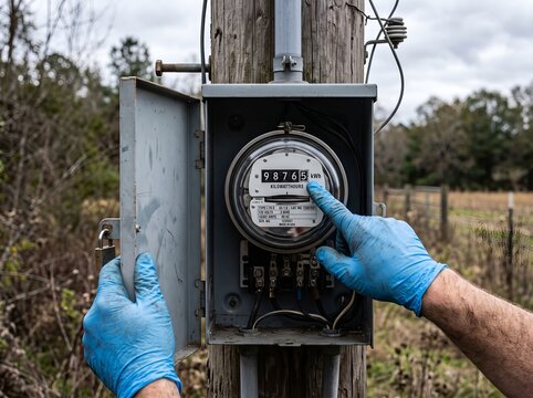 Electric meter reading showing kilowatt hours being checked by technician