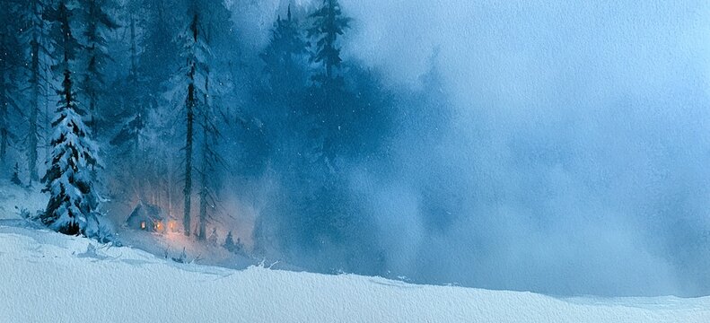 Watercolor mountain forest in heavy snowstorm, hidden cabin lights glowing warm, minimalist white foreground, clean space for greeting text