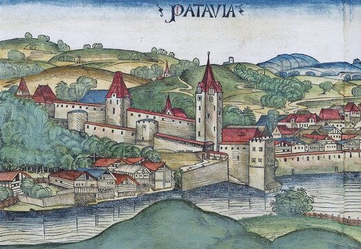 Medieval city view of Passau or Patavia, family tree, old coloured woodcut from: Schedel'sche Weltchronik also N&uuml;rnberger Chronik, German edition, incunabulum, Hartmann Schedel 1493