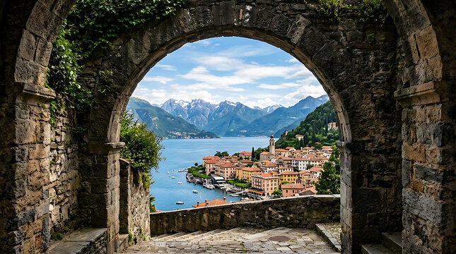 Historic Archway Overlooking Coastal Mediterranean Town.