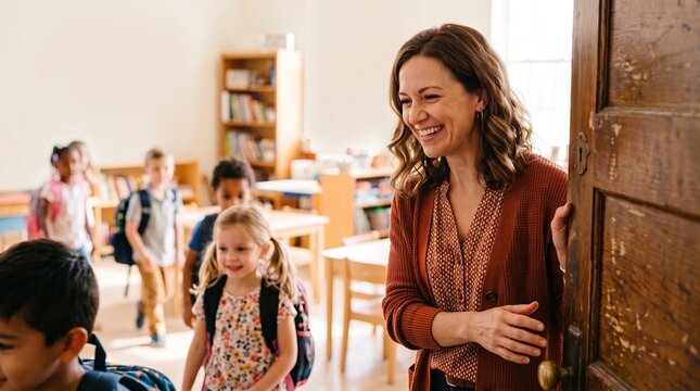 Children leaving the classroom with a smiling teacher at the door.
