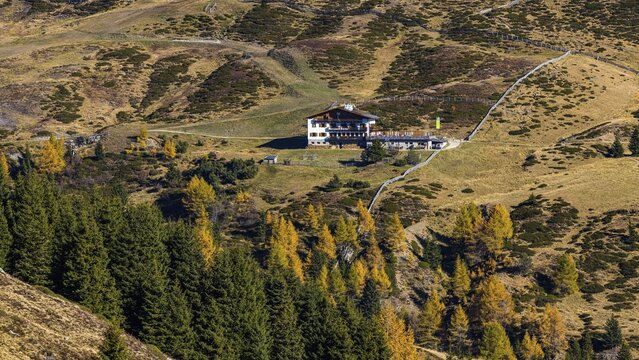 Merano Hut, in autumnal landscape, skiing and hiking area Merano 2000, near Merano, South Tyrol, Italy