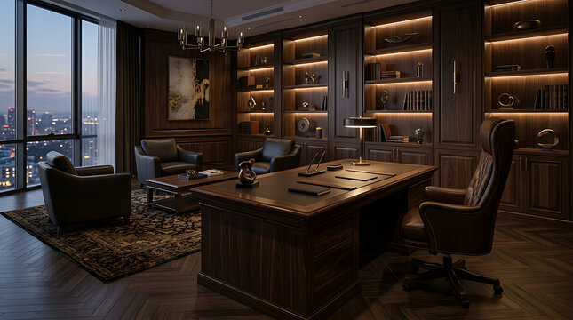 Executive office with wooden furniture and leather chairs in luxury corporate workplace