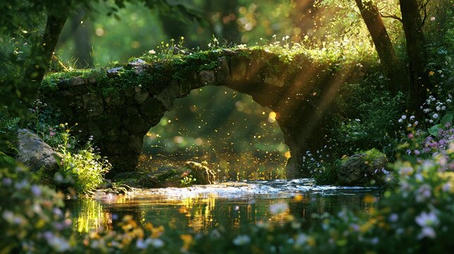 Golden floating dust particles. ethereal digital painting style. crisp micro-details on mossy stones. soft focus bokeh background