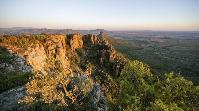 View of the Valley of Desolation at sunset, eroded rock needles from Dolorit, Camdeboo National Park, Graaff-Reinet, Eastern Cape, South Africa