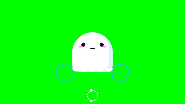 Cute White Ghost Character Exercising with Dumbbells on Green Screen Background.