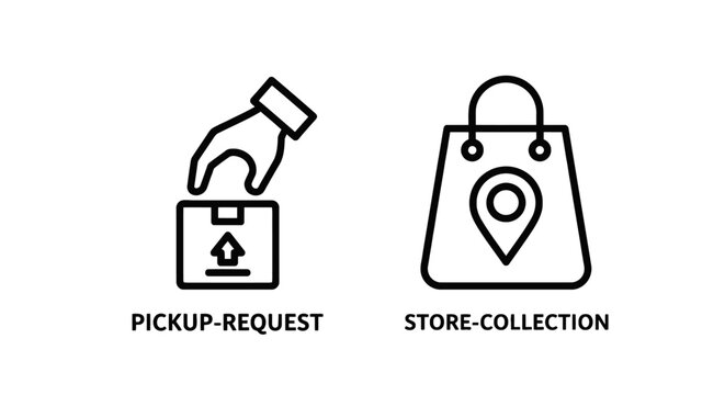 Pickup request and store collection shopping bag outline icons set with parcel delivery location pin order fulfillment retail service customer pic