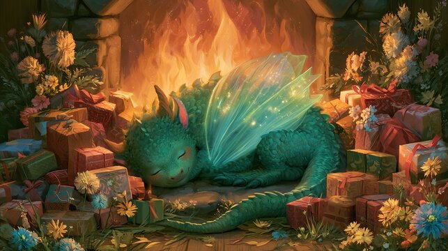 Whimsical baby dragon with emerald scales sleeping by roaring hearth. glowing translucent wings tucked in. vibrant color palette