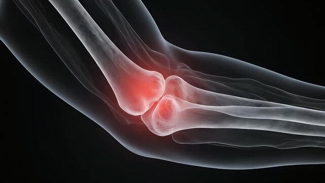 Close-up of a human elbow joint with inflammation highlighted in red, illustrating pain and discomfort associated with elbow conditions
