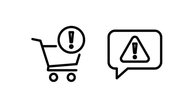 Shopping cart error warning and speech bubble notification line icons with notification exclamation commerce purchase checkout communication