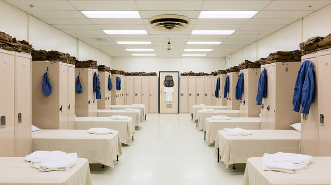 Pristine contemporary barracks chamber with neatly arranged beds and storage lockers