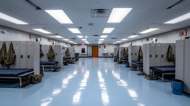 Pristine contemporary barracks chamber with neatly arranged beds and storage lockers