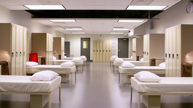 Pristine contemporary barracks chamber with neatly arranged beds and storage lockers