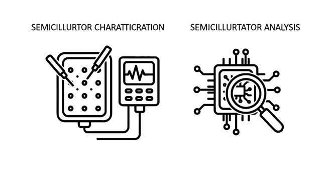Semiconductor characterization and semiconductor analysis line icons showing microchip testing and electronic component inspection with integrated cir
