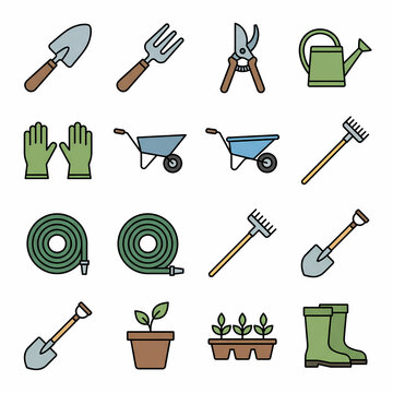 Flat home gardening tools and backyard landscaping equipment vector icons