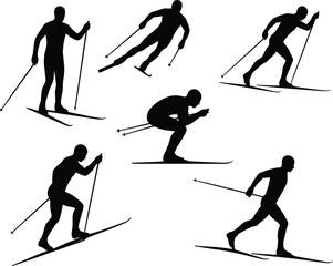 Fototapeta premium Cross‑country skiing silhouette collection featuring six dynamic skier poses showing various techniques including uphill climb, downhill tuck, glide, turn, 