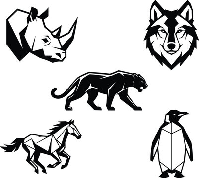 Geometric animal silhouette collection featuring five angular black‑and‑white designs of rhinoceros, wolf, panther, horse, and penguin for modern wildlife and abstract illustration themes