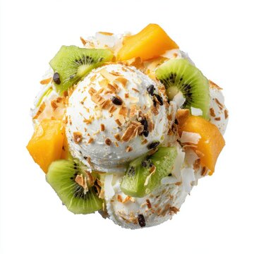 Tropical sundae ice cream with papaya kiwi and coconut chips isolated on a white background