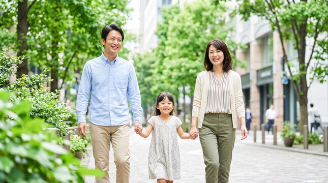 新緑の街並みを笑顔で手を繋ぎながら散歩する3人家族