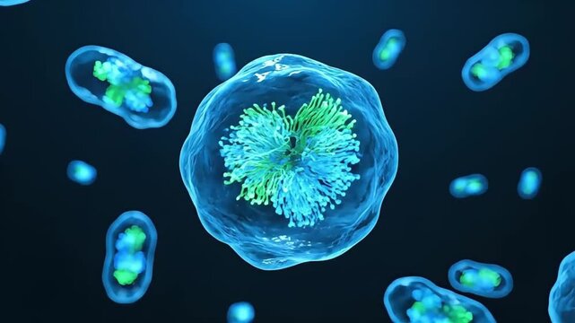 3D medical illustration of dividing human cells showing cell division process or mitosis in microscopic view