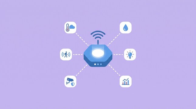 IoT Sensor Network Icon with Wireless Signals and Connected Digital Hub on Pastel Purple Background for Smart Technology