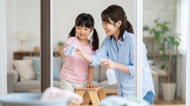 部屋の窓ガラスを笑顔で一緒に掃除する母親と小さな女の子