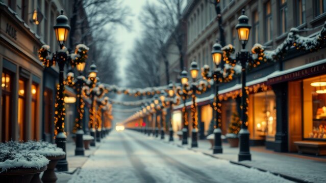 Snowy street decorated with glowing festive street lamps at dusk