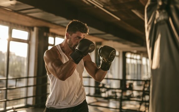 Young Athlete Practicing Striking Techniques with Heavy Punching Bag in Modern Gym Setting