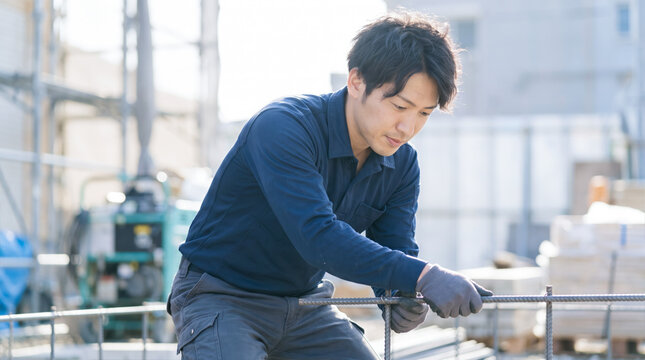 建築現場で鉄筋配筋作業に取り組む男性作業員