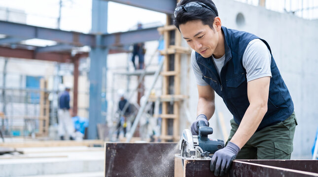 建設現場で丸ノコを使って木材を切断する大工の男性作業員