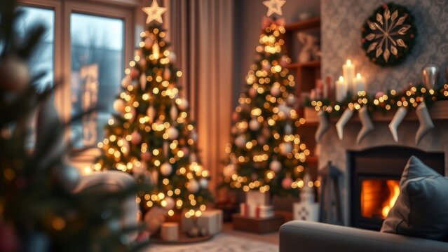 Cozy living room with glowing Christmas trees and fireplace